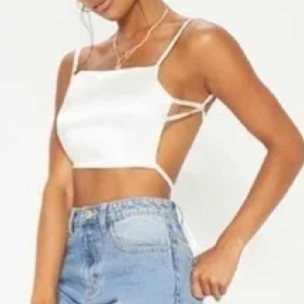 PrettylittleThing Cream Satin Backless Strappy Crop Top 6